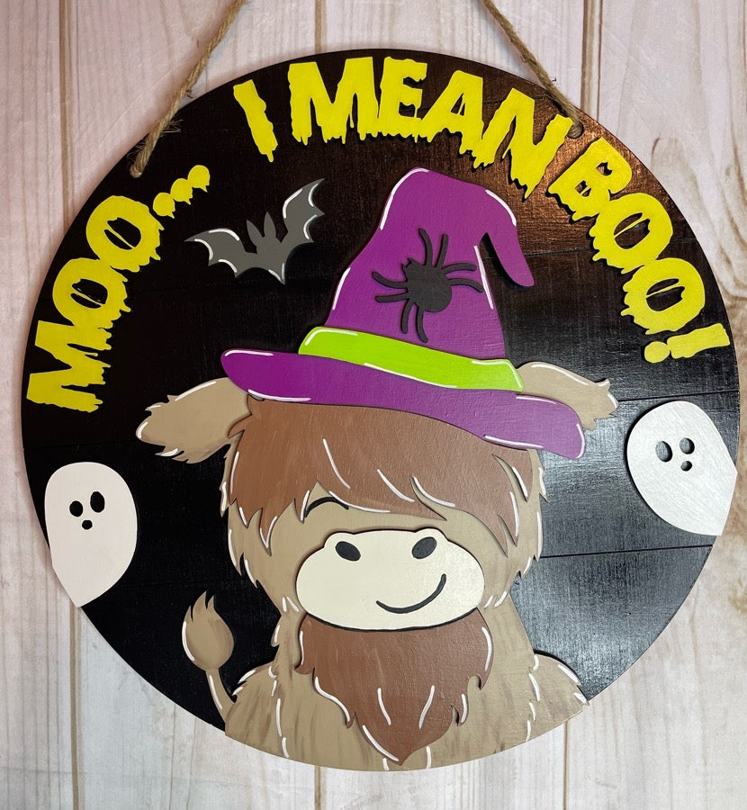 Highland Cow Halloween Wood Door Hanger
