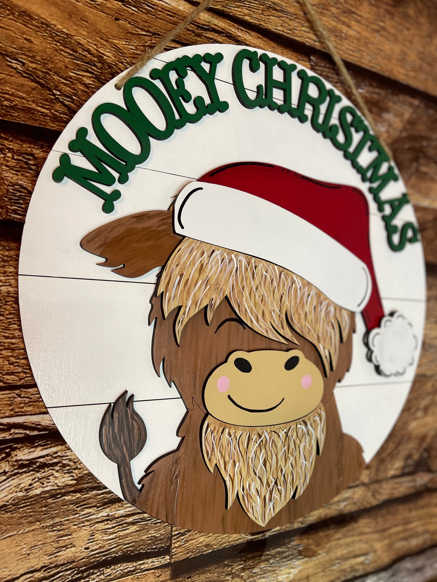 Highland Cow Merry Christmas Wood Door Hanger