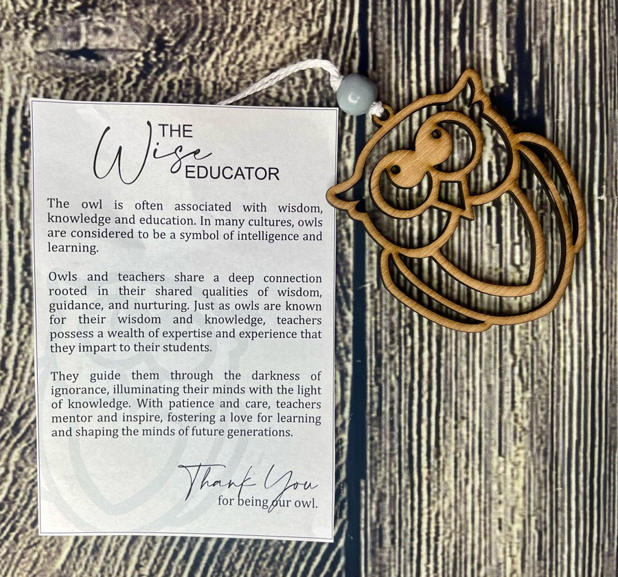 Wise Teacher Owl Wood Ornament Car Charm