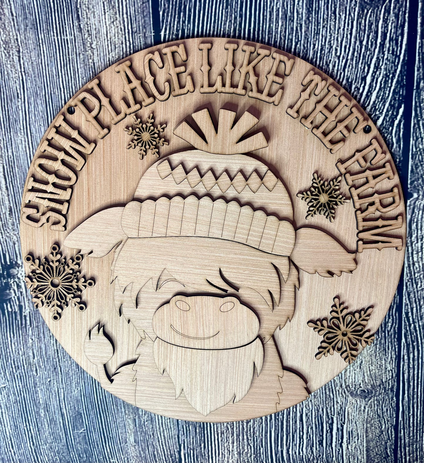 Winter Highland Cow Wood Door Hanger Blank