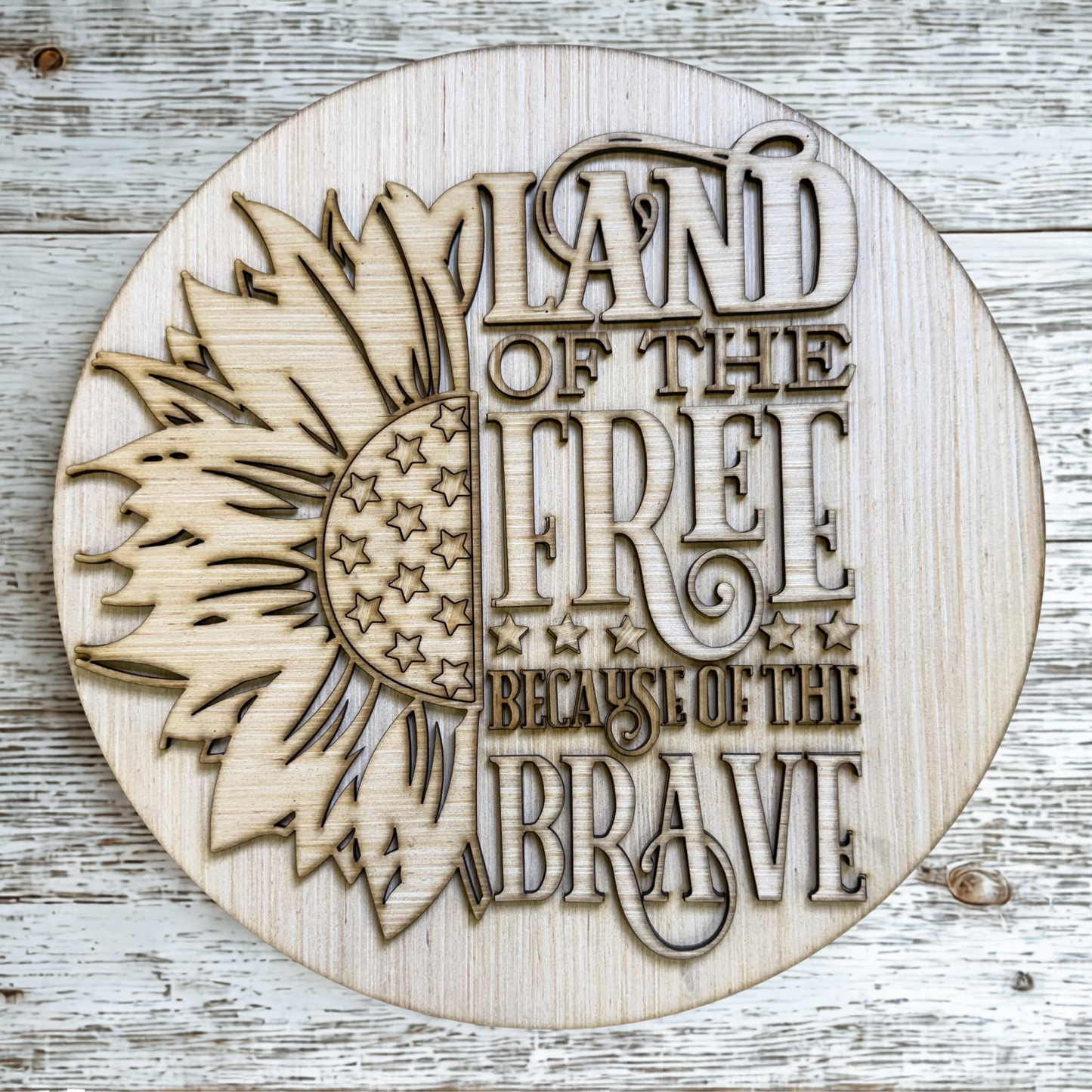 Land of the Free Patriotic Sunflower Wood Door Hanger Blank