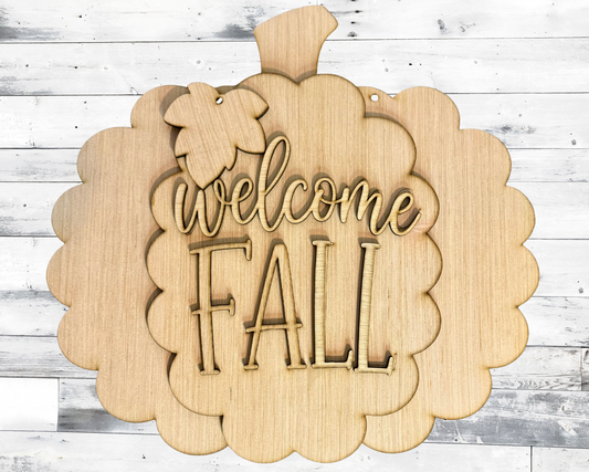 Welcome Fall Scalloped Pumpkin Wood Door Hanger Blank