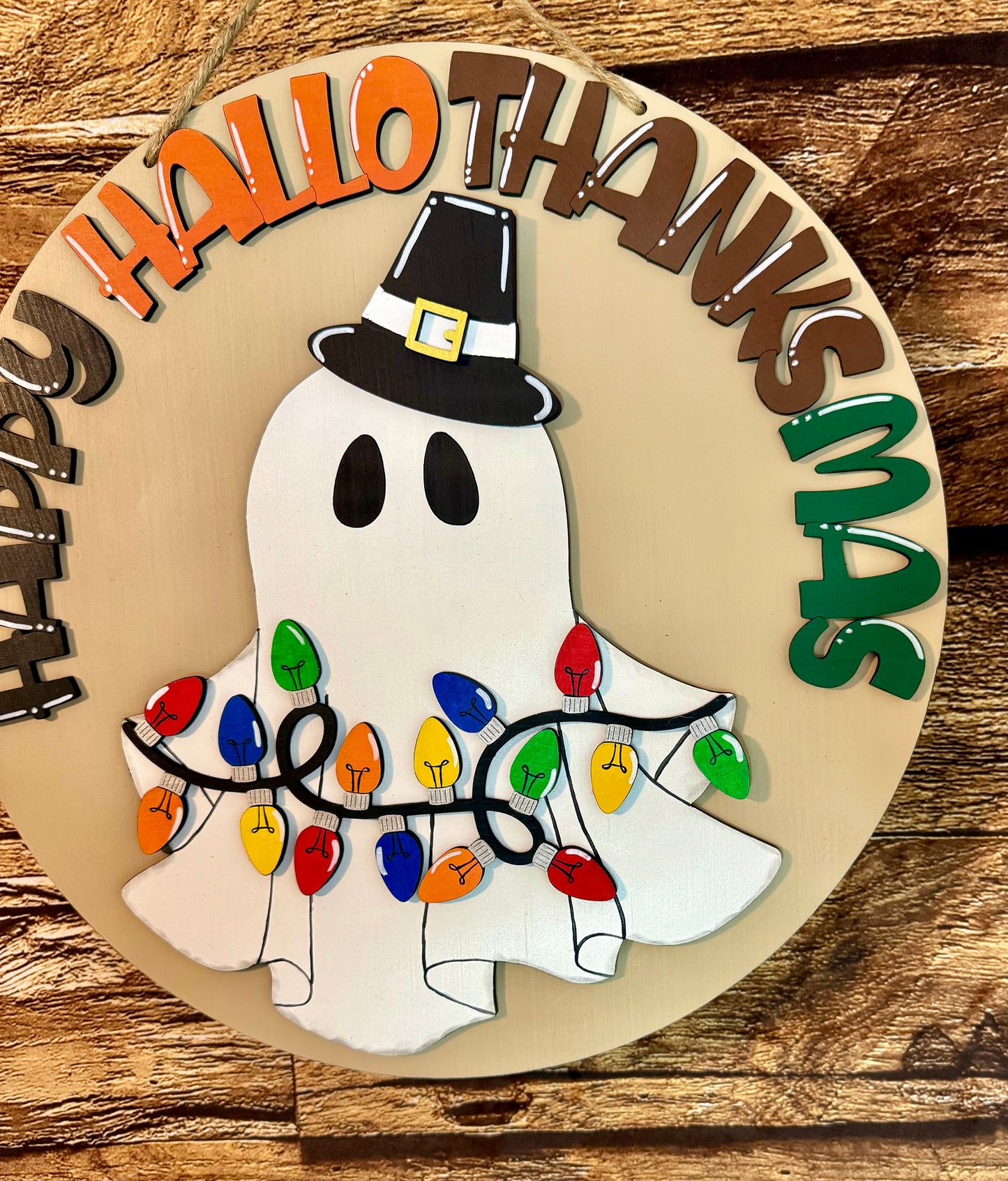 Happy HalloThanksMas Ghost Wood Door Hanger | Halloween |Thanksgiving | Christmas | Fall Door Sign
