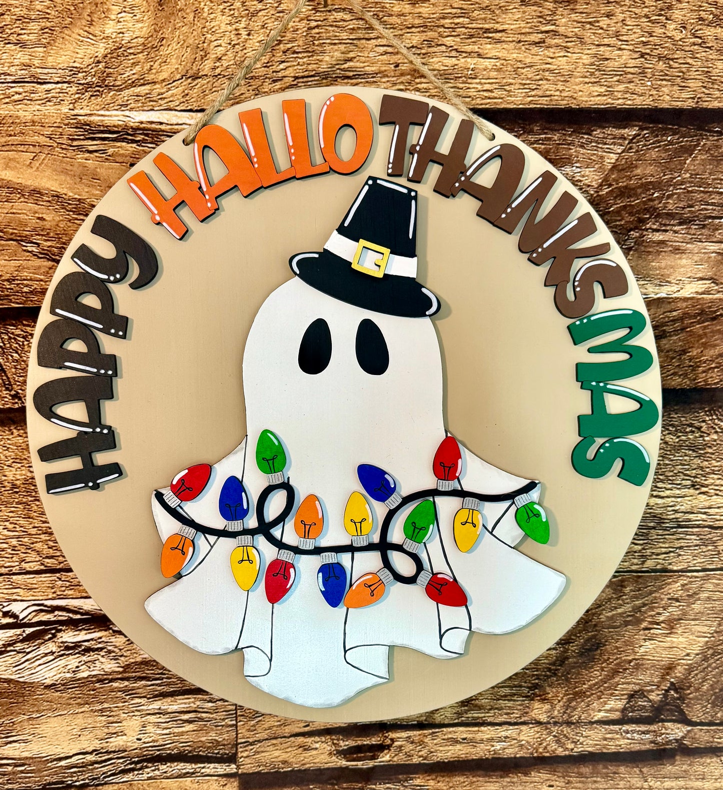 Happy HalloThanksMas Ghost Wood Door Hanger | Halloween |Thanksgiving | Christmas | Fall Door Sign