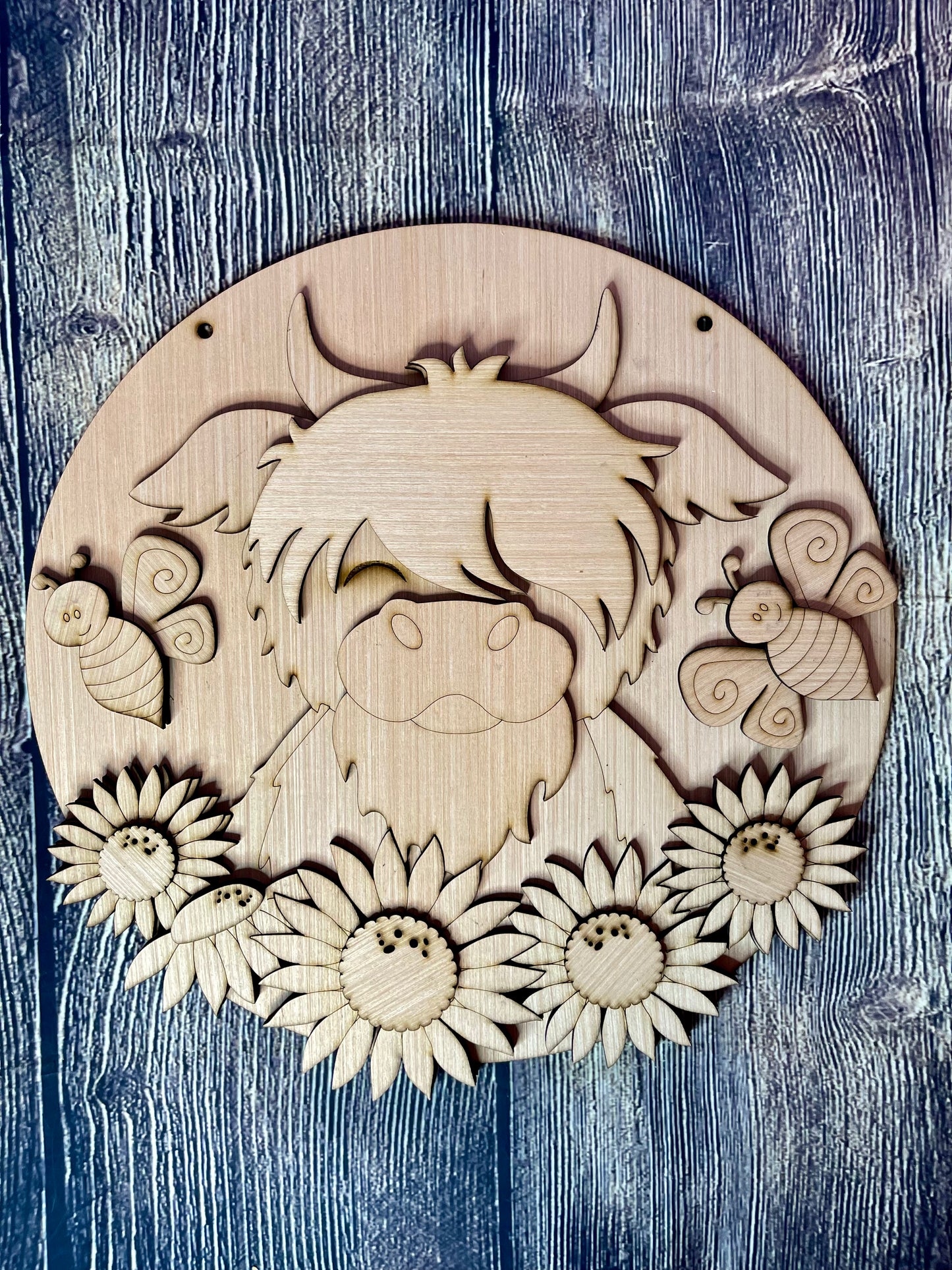 Highland Cow Sunflower and Bees Wood Door Hanger Blank