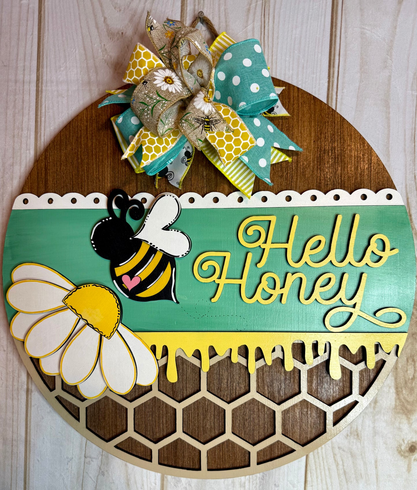 Hello Honey Bee Spring Summer Wood Door Hanger