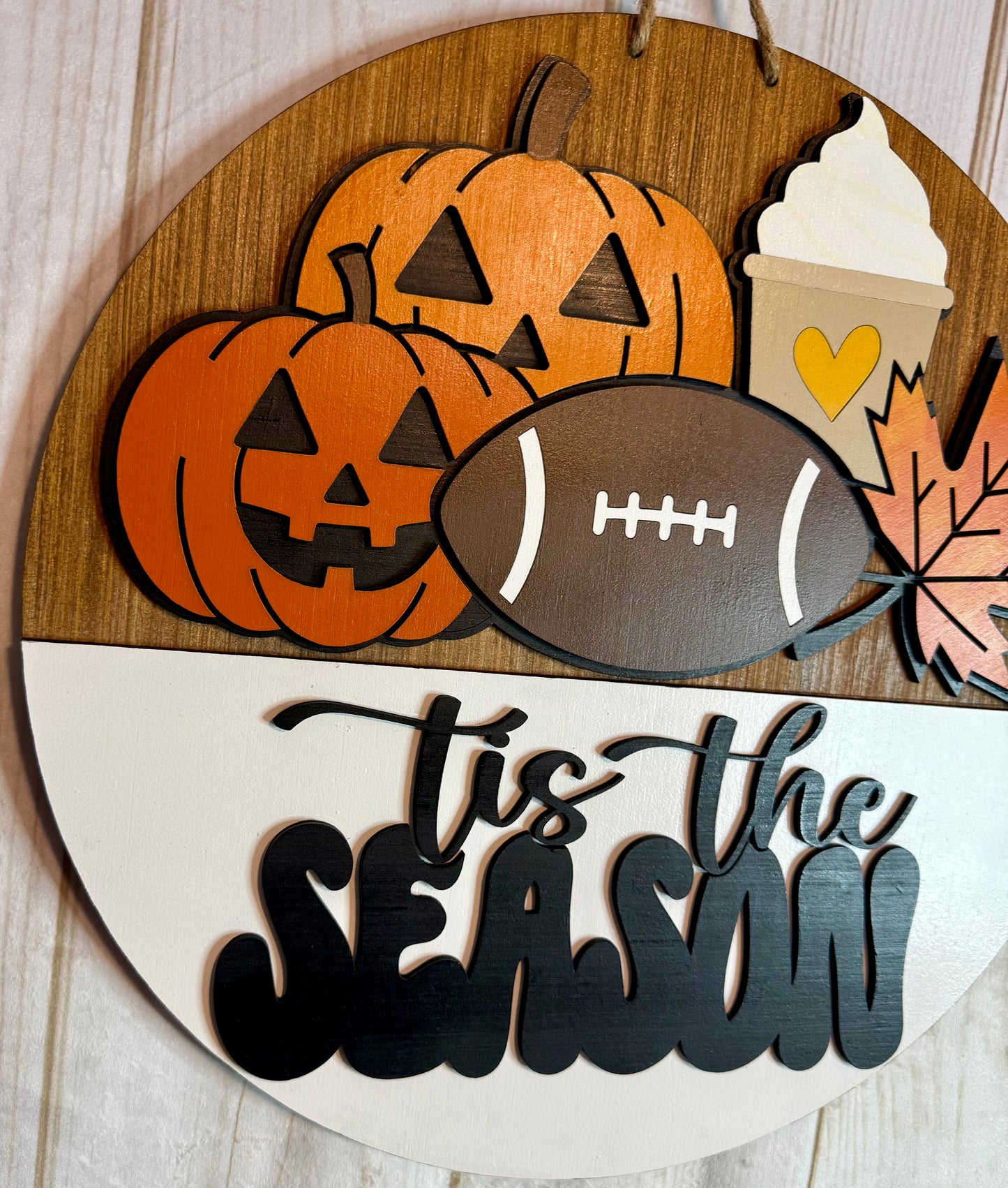 Tis The Season Pumpkin Coffee Football Fall Wood Door Hanger