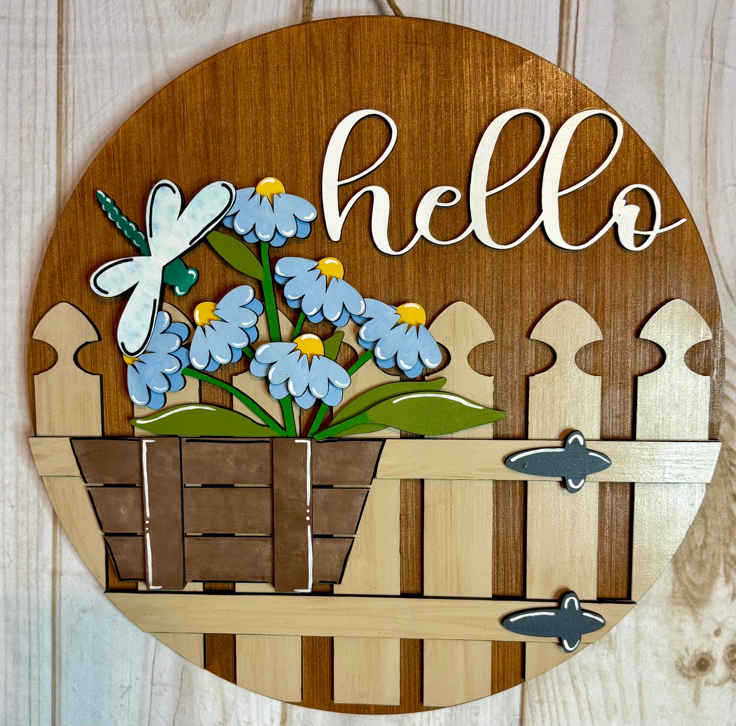 Hello Spring Summer Floral Fence Wood Door Hanger | Dragonfly and Daisies