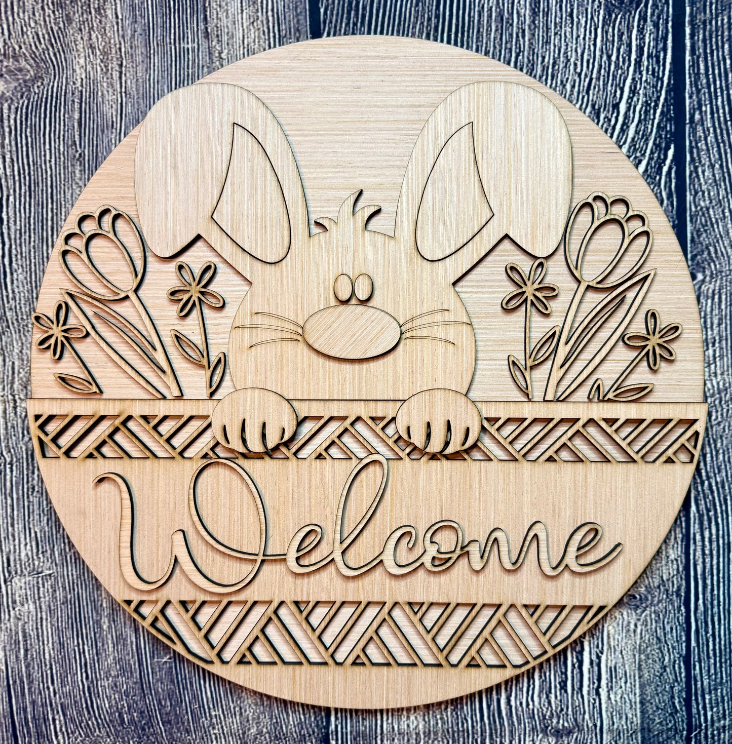 Floral Bunny Welcome Wood Door Hanger Blank