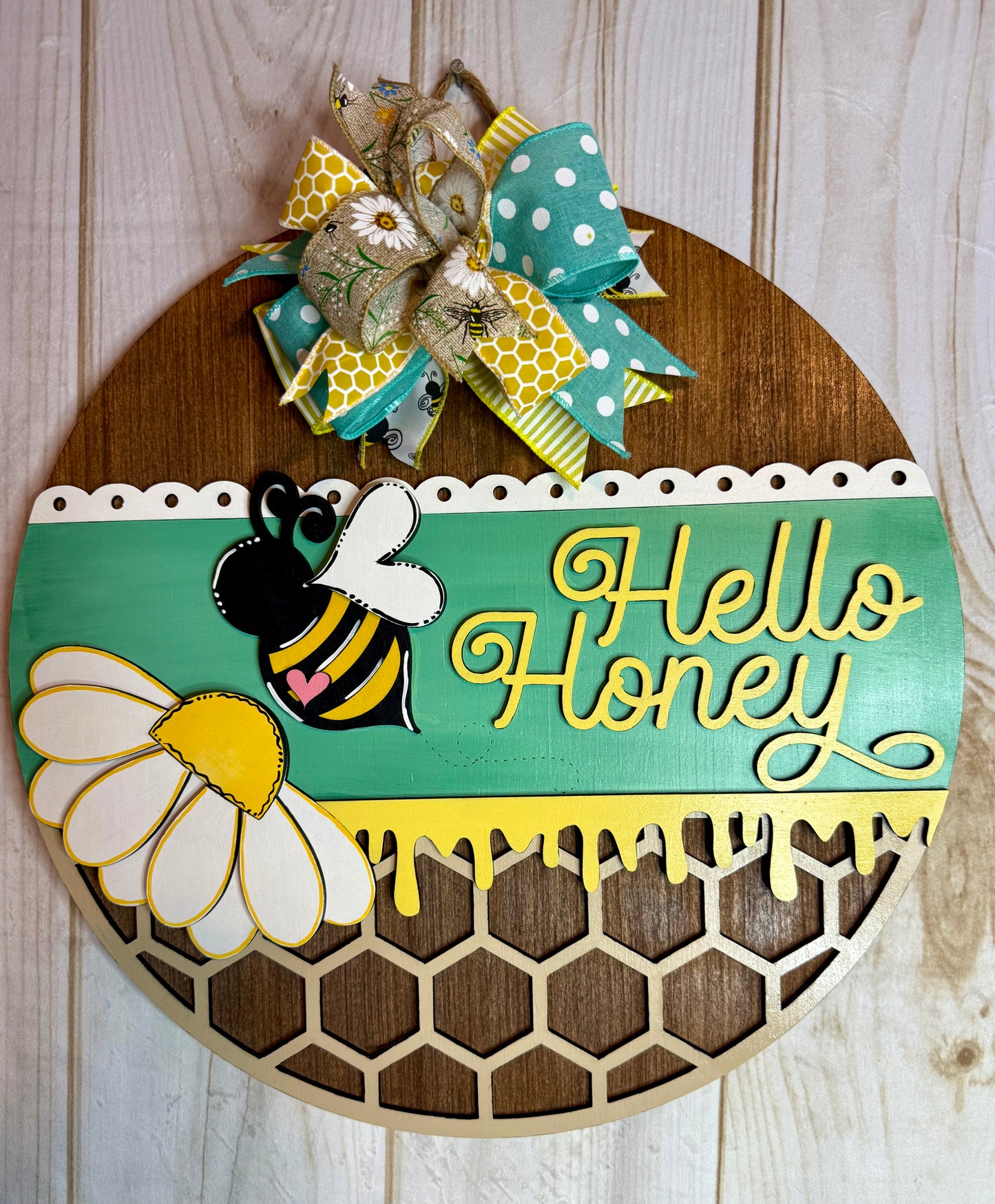 Hello Honey Bee Spring Summer Wood Door Hanger