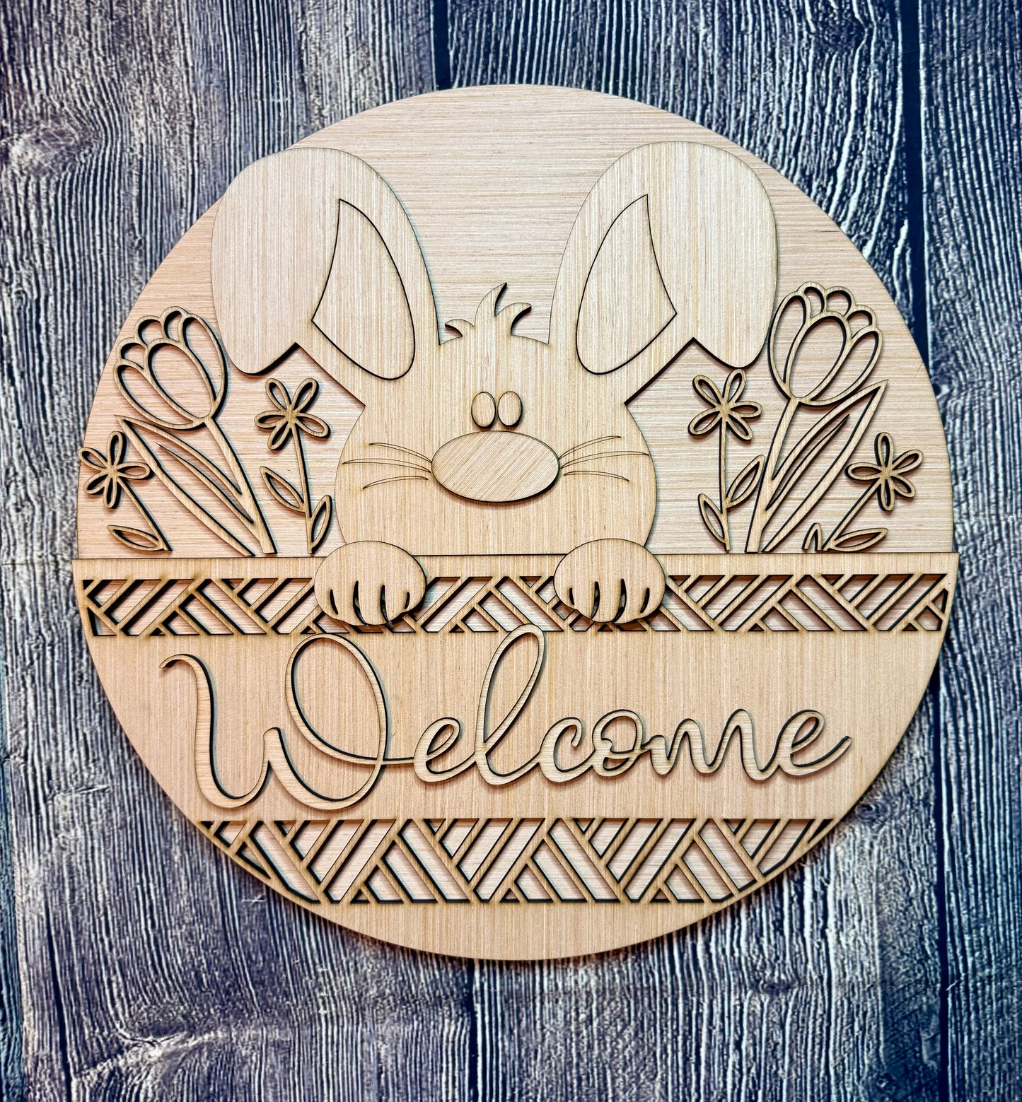 Floral Bunny Welcome Wood Door Hanger Blank
