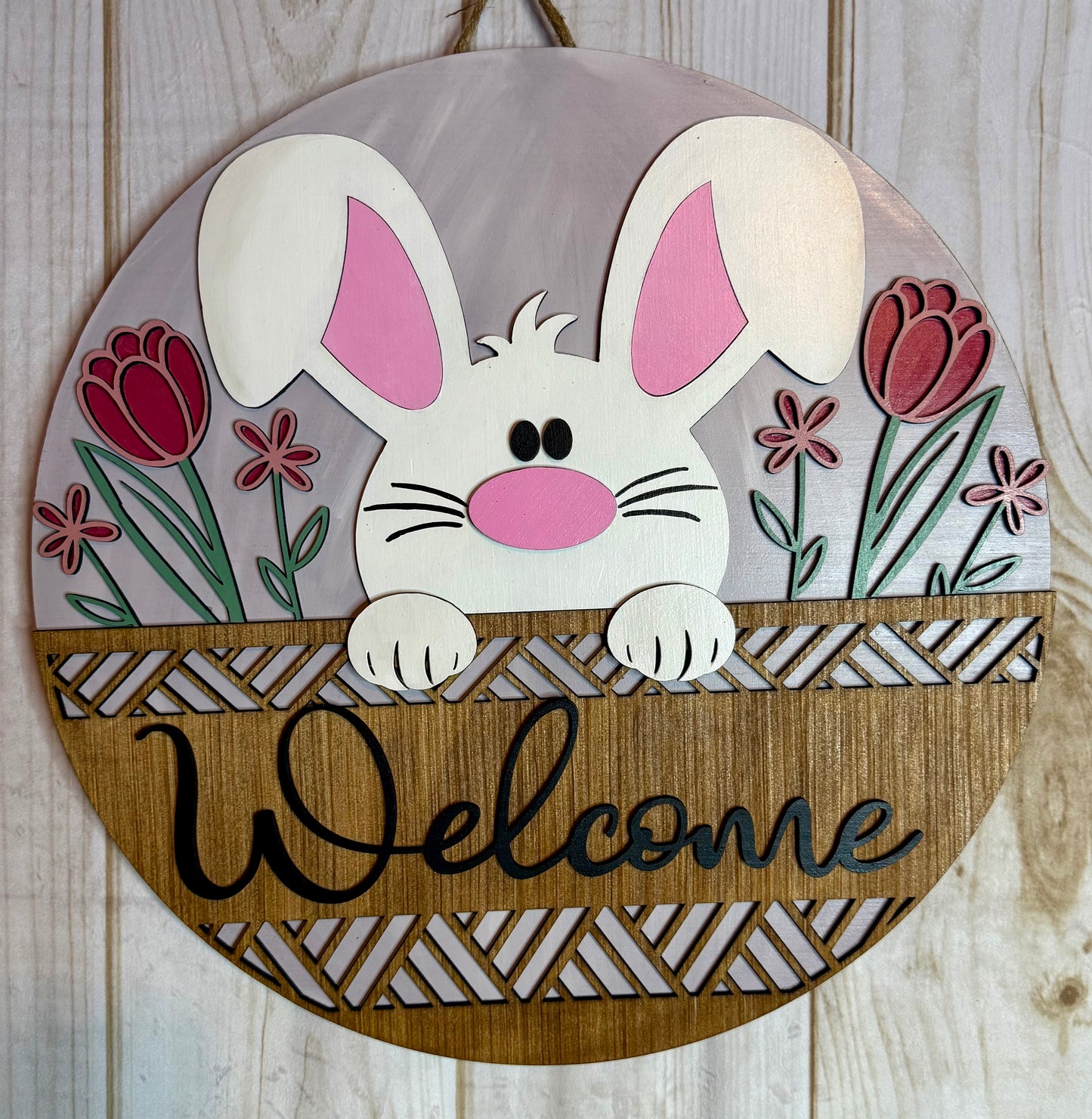Floral Bunny Welcome Easter Wood Door Hanger