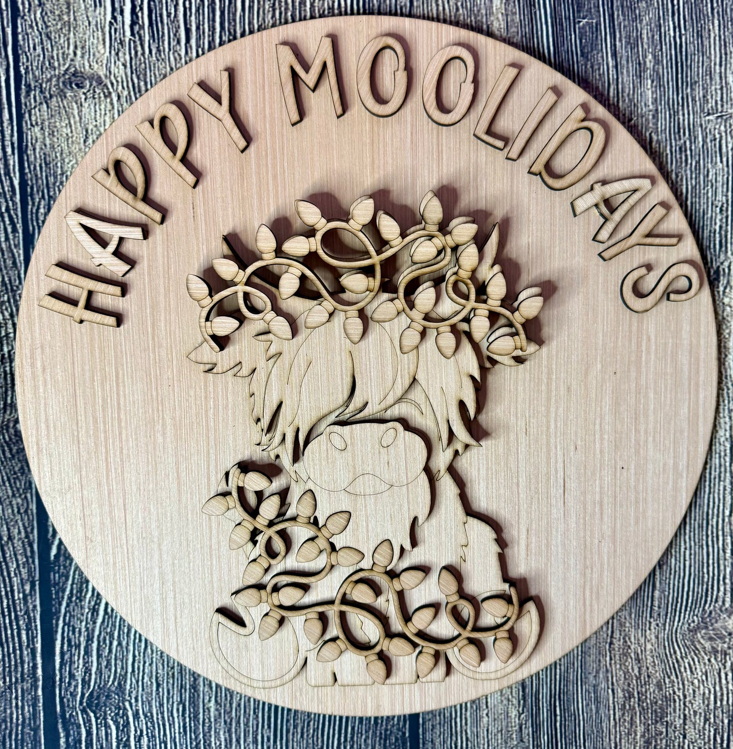 Happy Moolidays Highland Cow Wood Door Hanger Blank