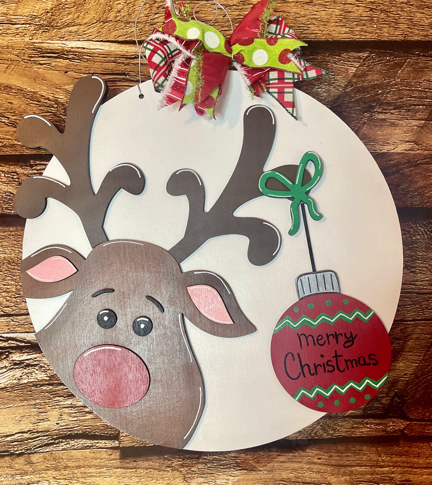 Reindeer with Ornament Christmas Wood Door Hanger