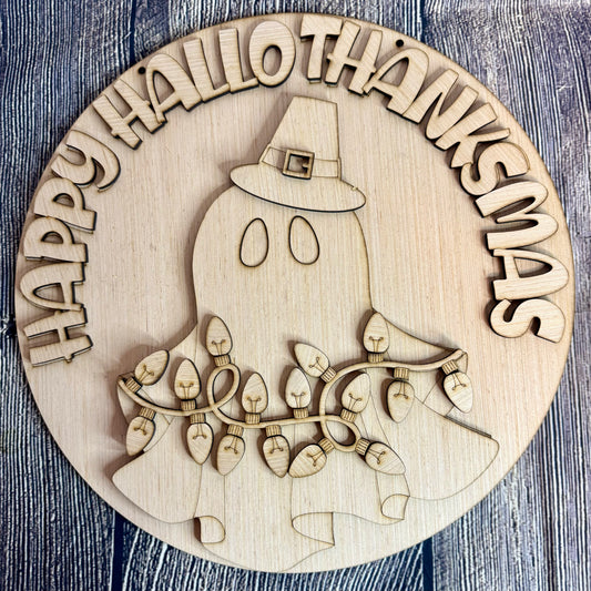 Ghost Happy Halloween Thanksgiving Christmas Fall Winter Wood Door Hanger Blank
