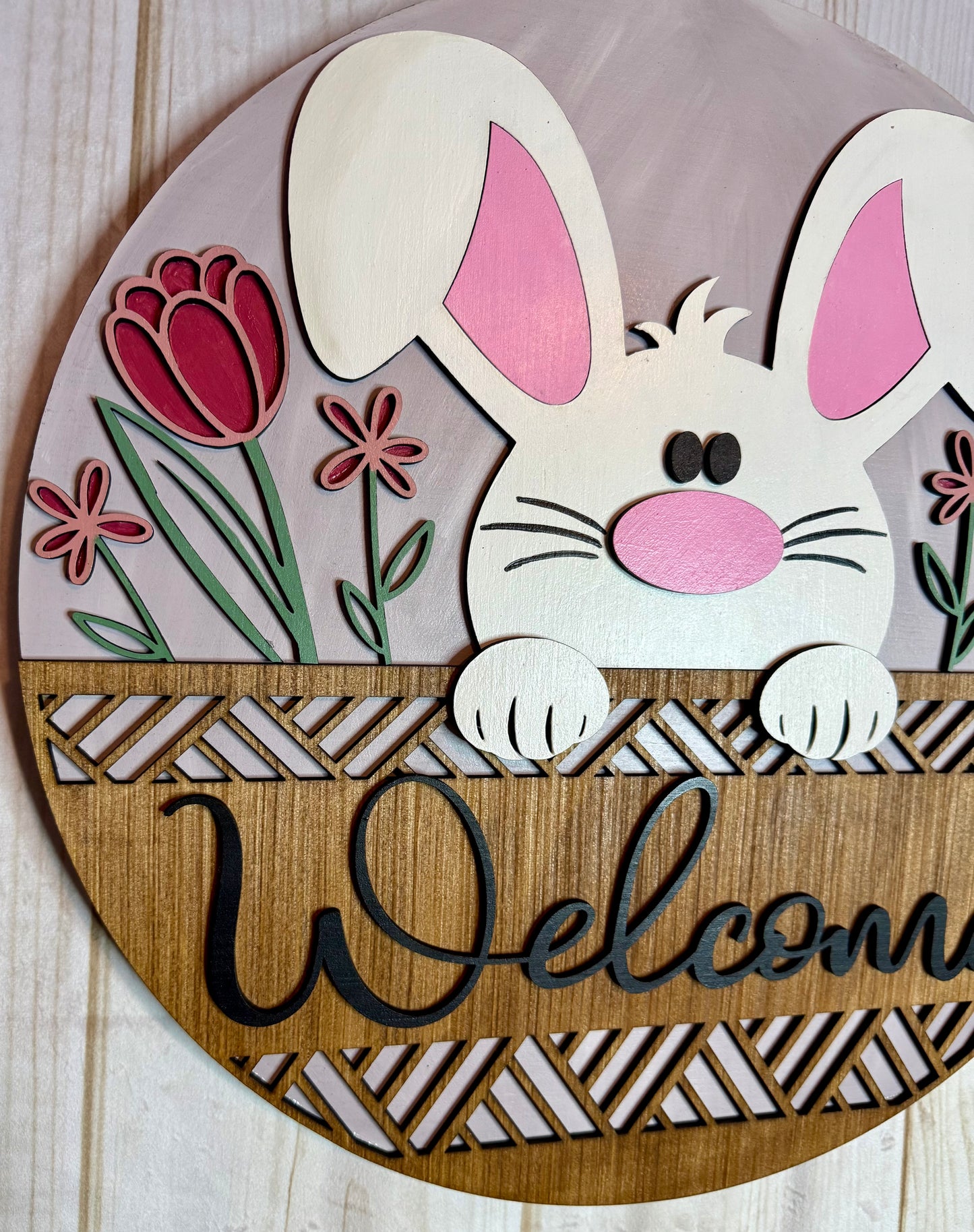 Floral Bunny Welcome Easter Wood Door Hanger