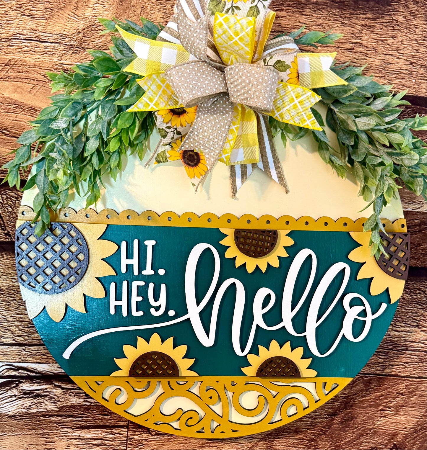 Hi Hey Hello Sunflower Wood Fall Summer Door Hanger