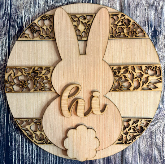 Hi Floral Bunny Easter Wood Door Hanger Blank