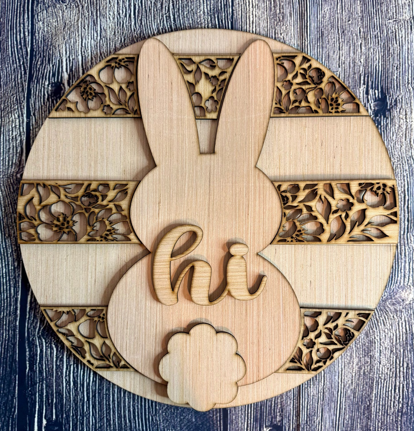 Hi Floral Bunny Easter Wood Door Hanger Blank