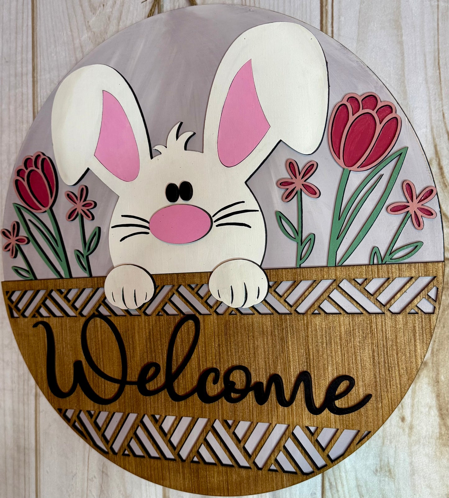 Floral Bunny Welcome Easter Wood Door Hanger