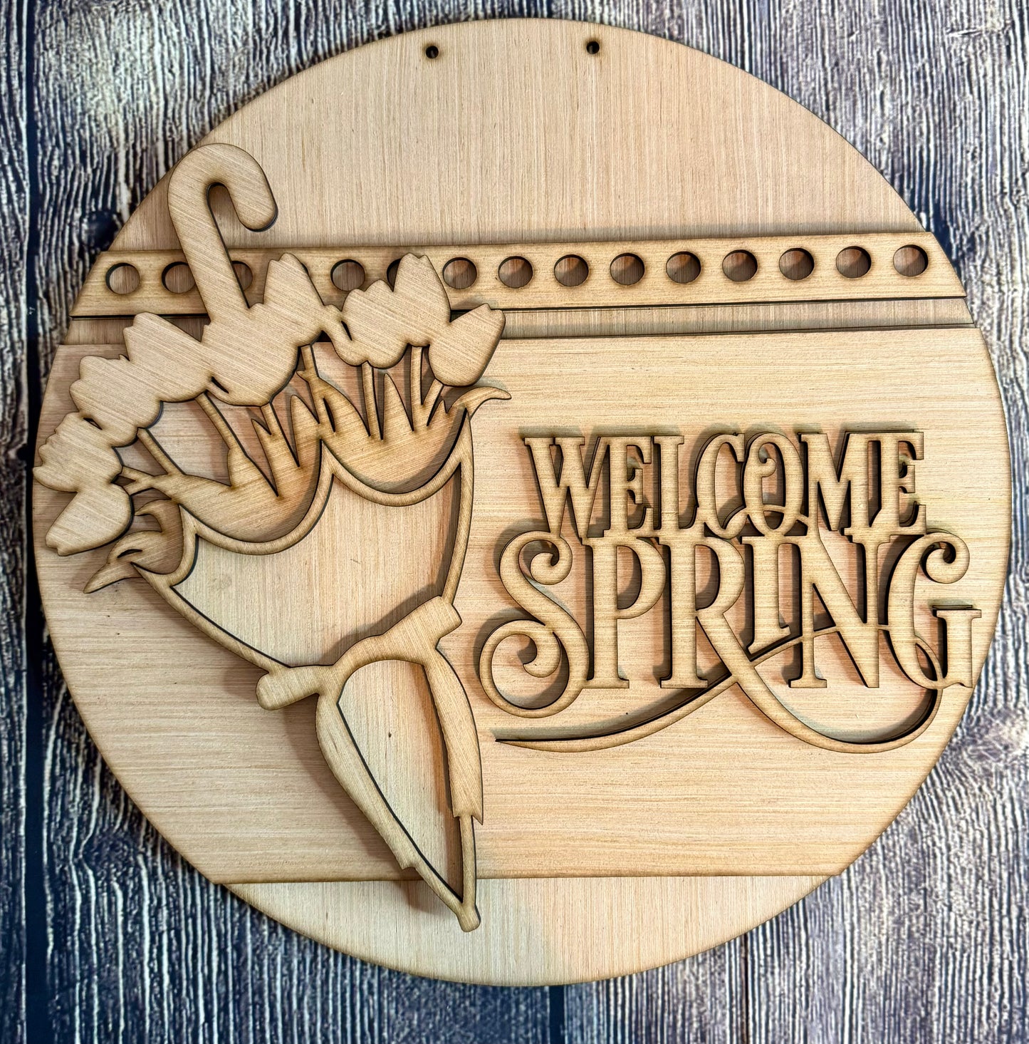 Welcome Spring Tulip Umbrella Wood Door Hanger Blank