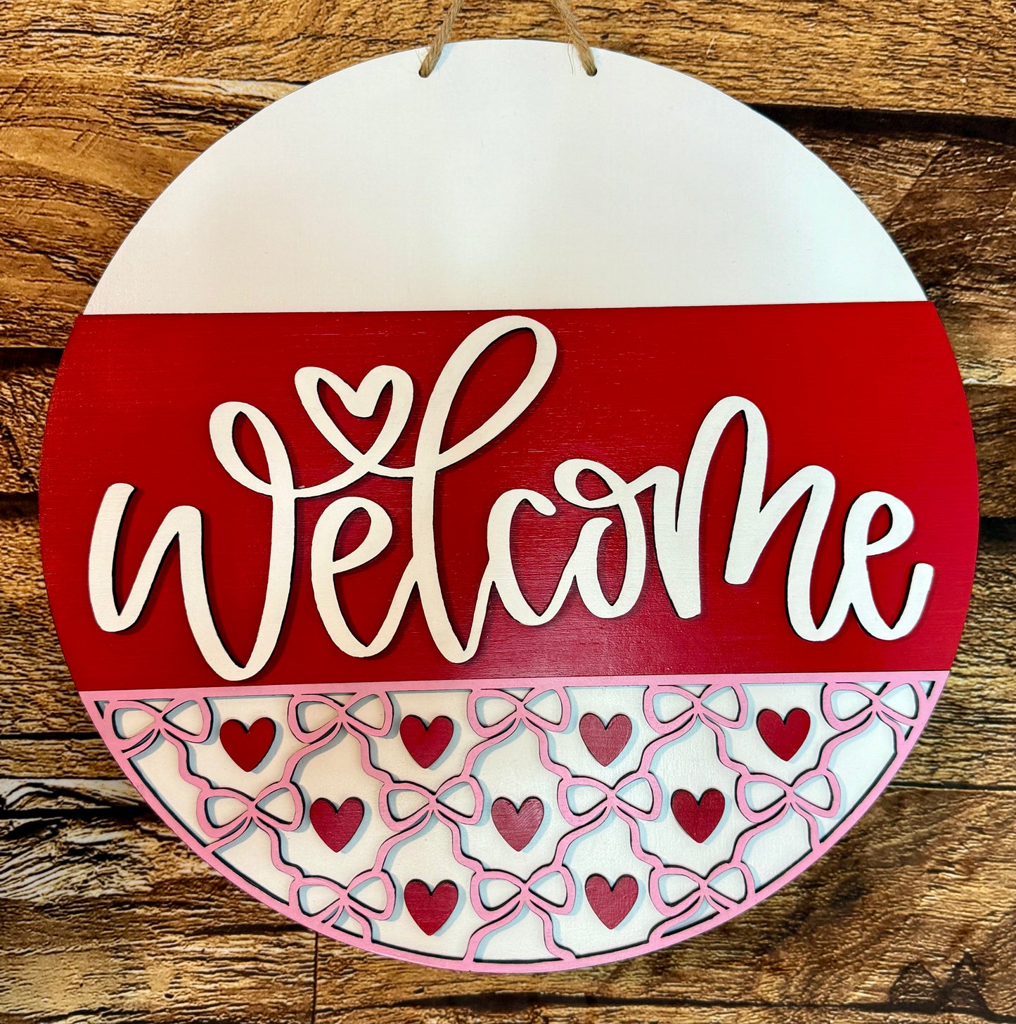 Welcome Heart and Bows Valentine Door Hanger