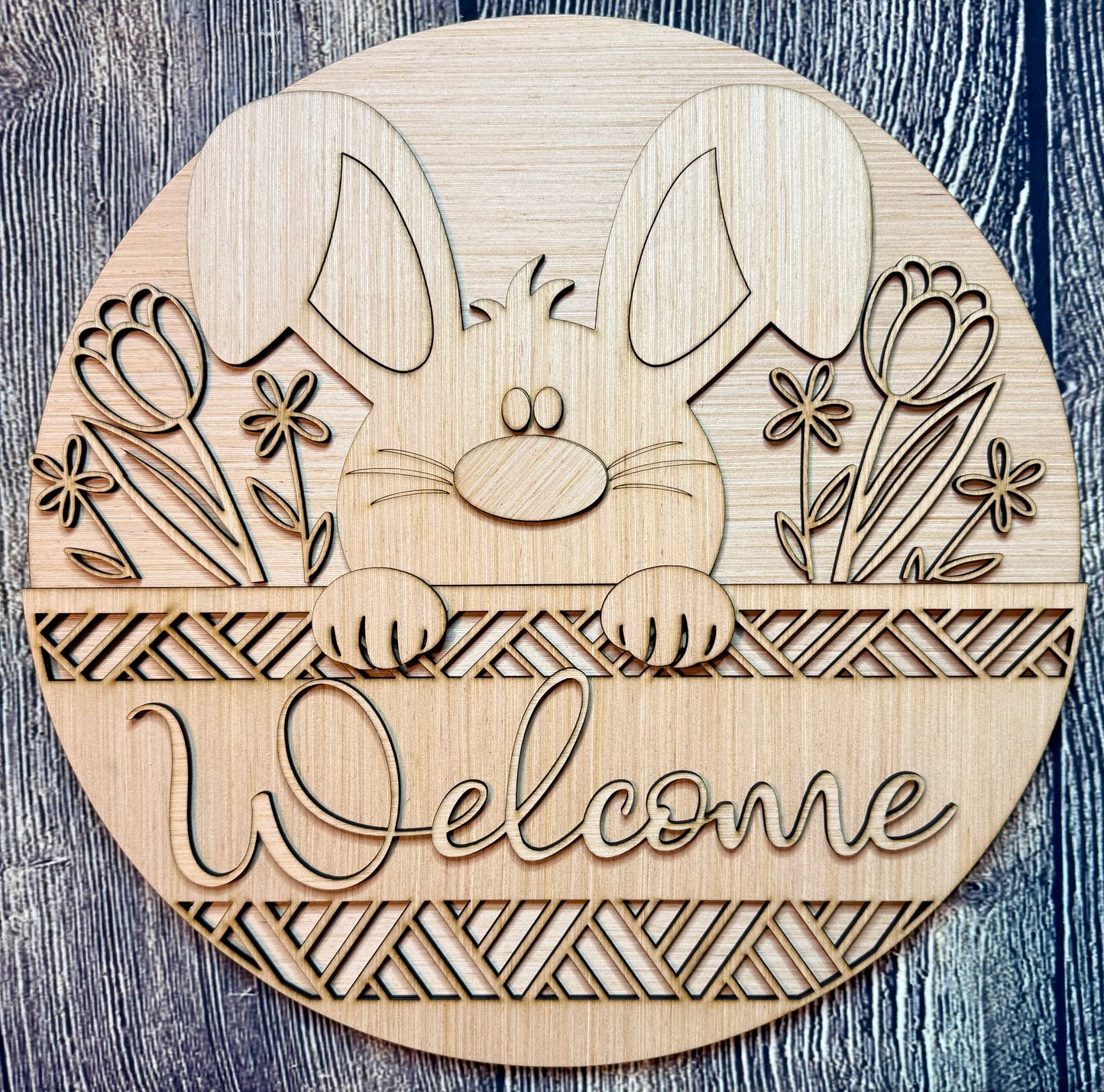 Floral Bunny Welcome Wood Door Hanger Blank