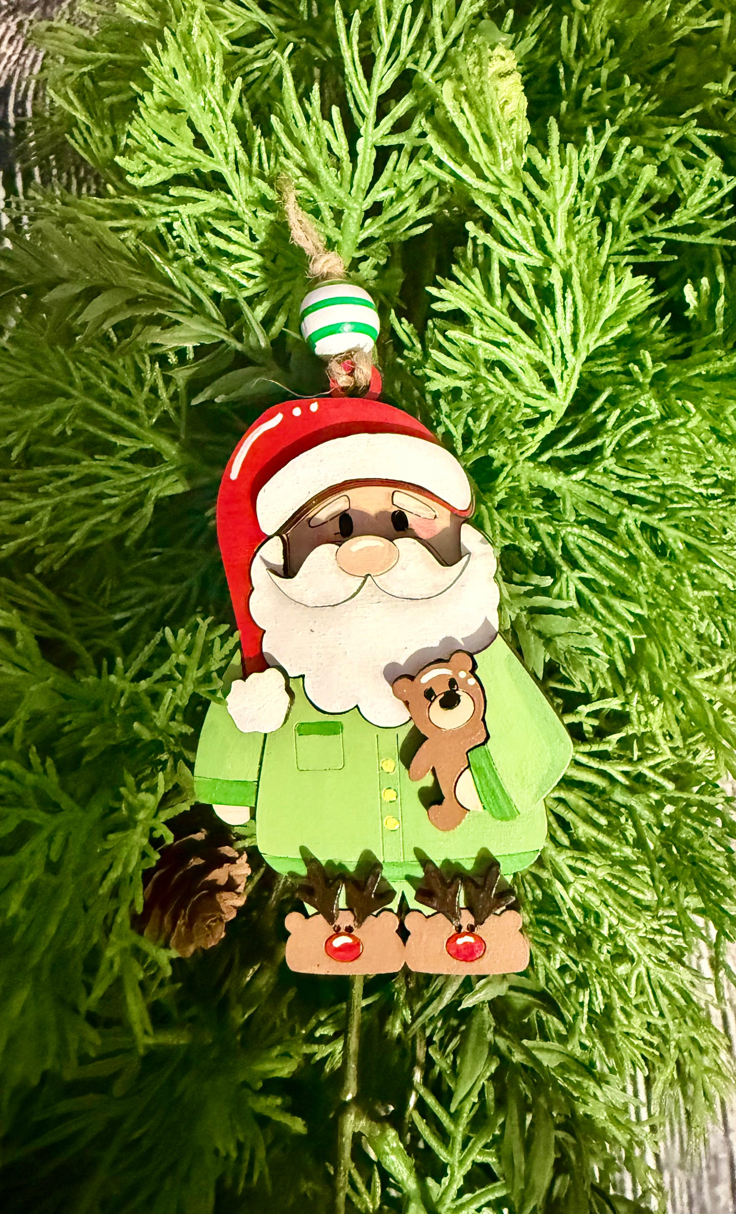 Santa in Pajamas Wood Christmas Ornament