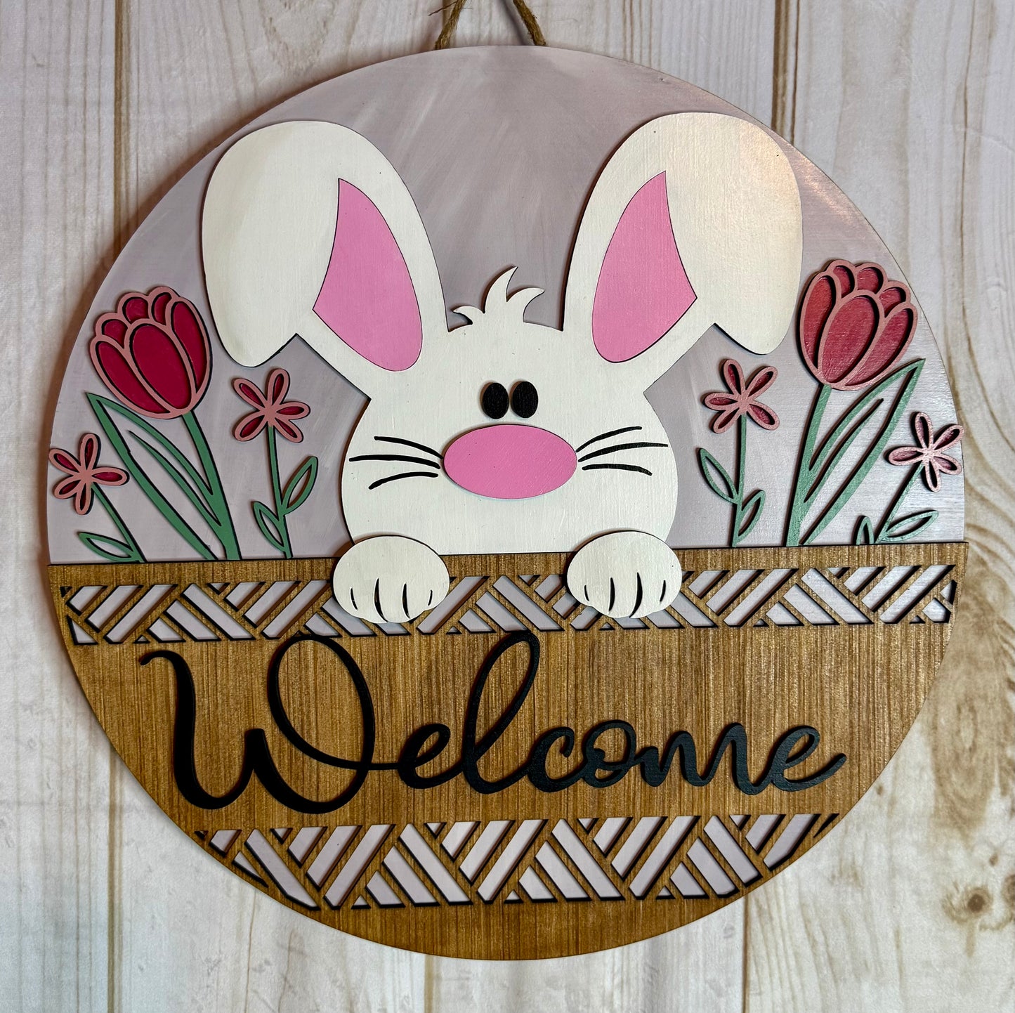 Floral Bunny Welcome Easter Wood Door Hanger