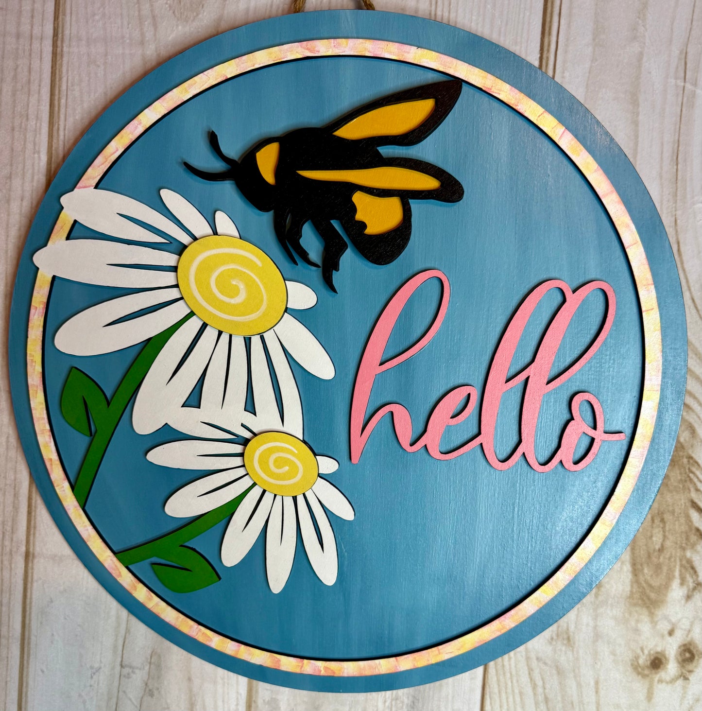 Hello Bee Daisy Spring Summer Wood Door Hanger