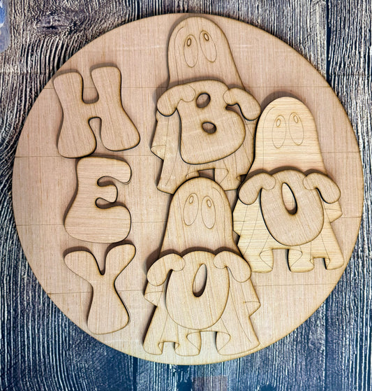 Hey Boo Ghosts Halloween Wood Door Hanger Blank
