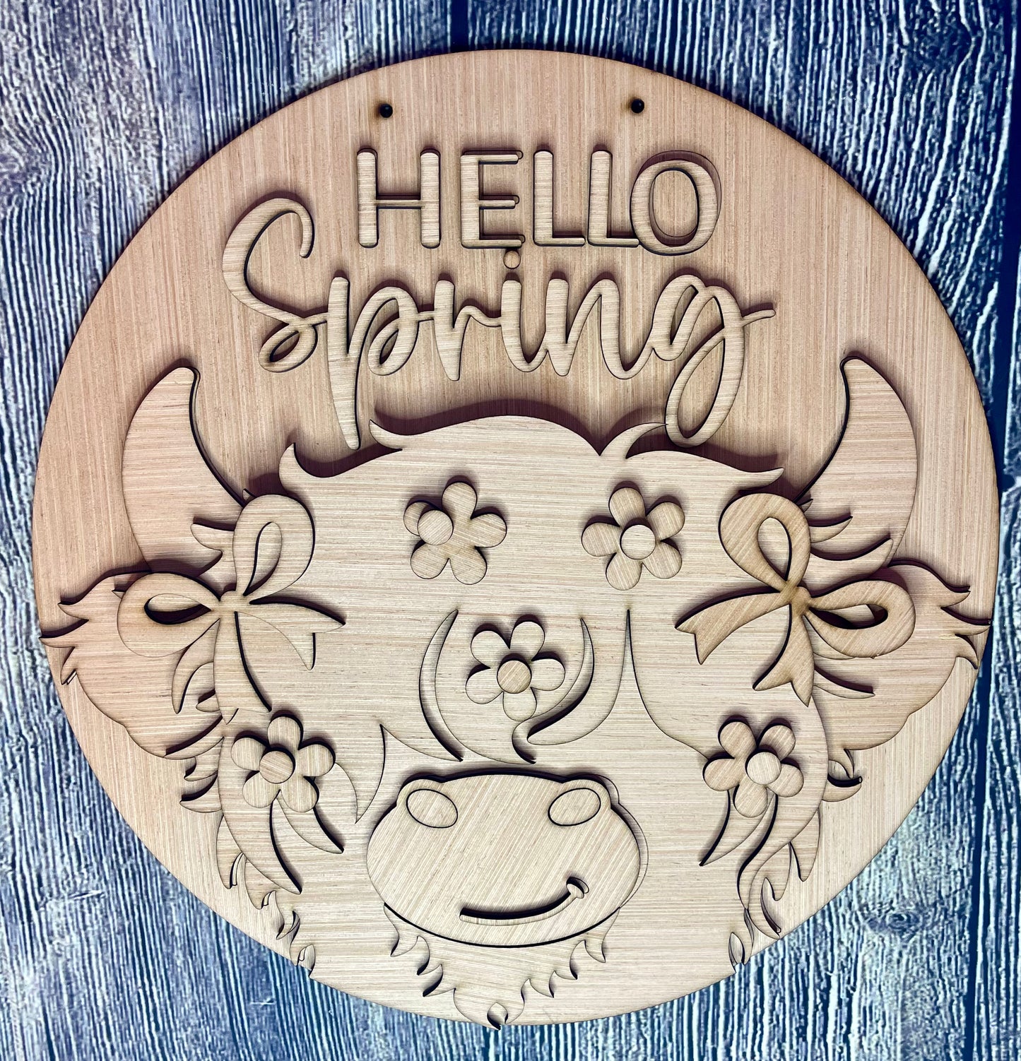 Highland Cow Hello Spring Summer Wood Door Hanger Blank