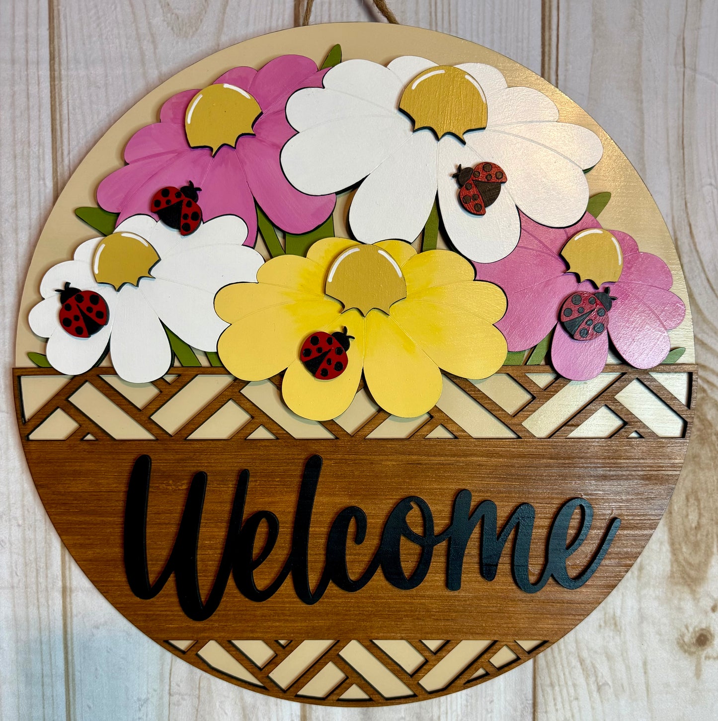 Welcome Flowers and Ladybug Wood Door Hanger