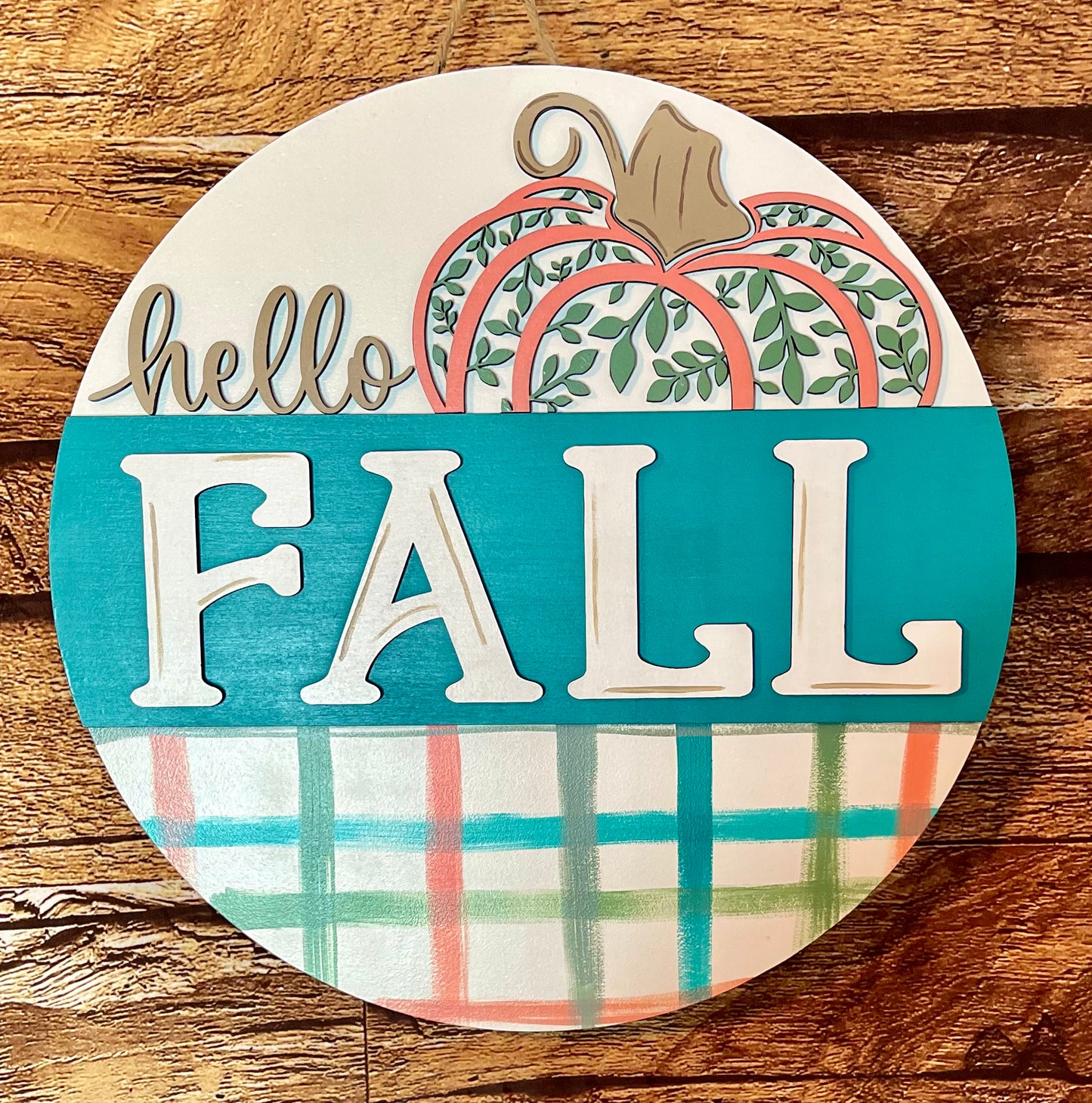 Hello Fall Pumpkin Plaid Wood Door Hanger