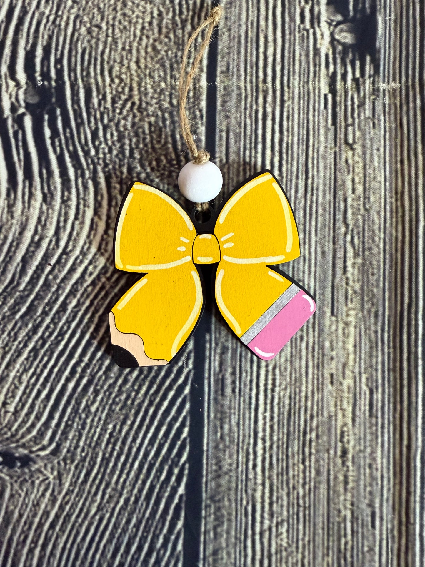 Bow Pencil Teacher Wood Christmas Ornament