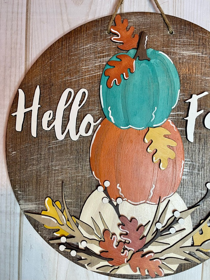 Hello Fall Pumpkins Wood Door Hanger