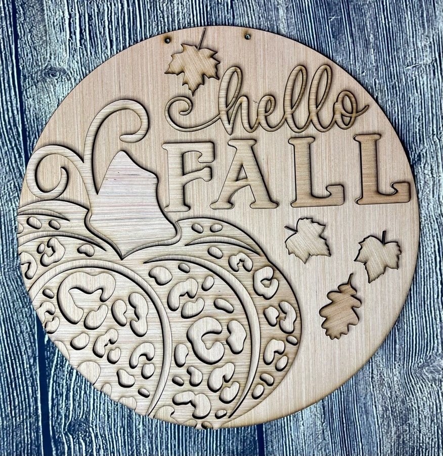 Hello Fall Leopard Pumpkin Wood Door Hanger Blank