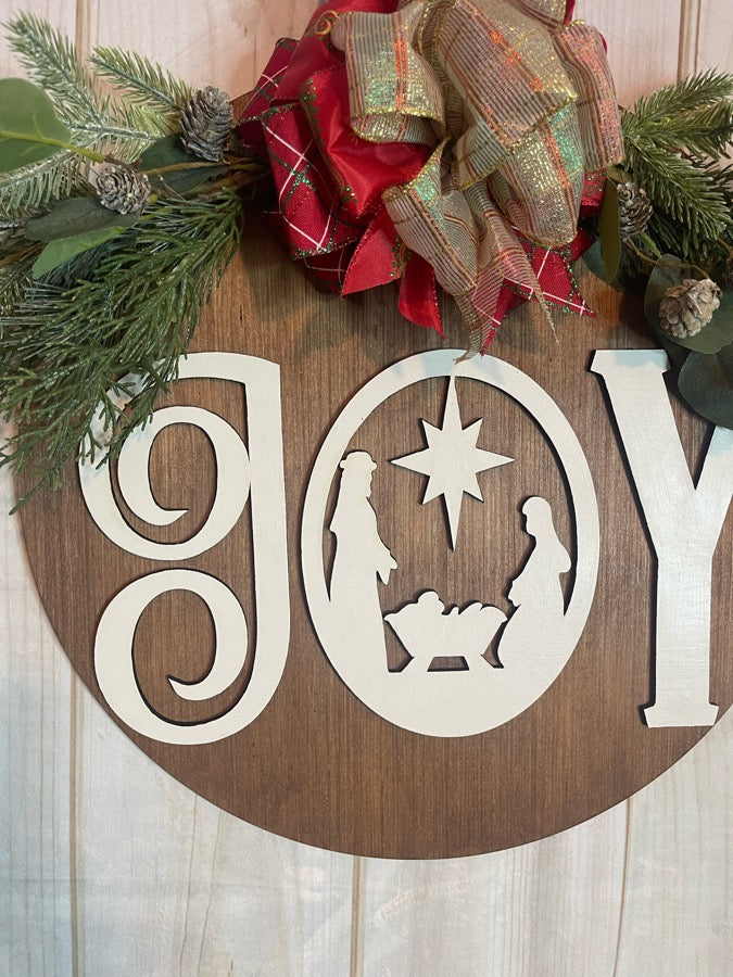 Joy Nativity Round Christmas Door Hanger