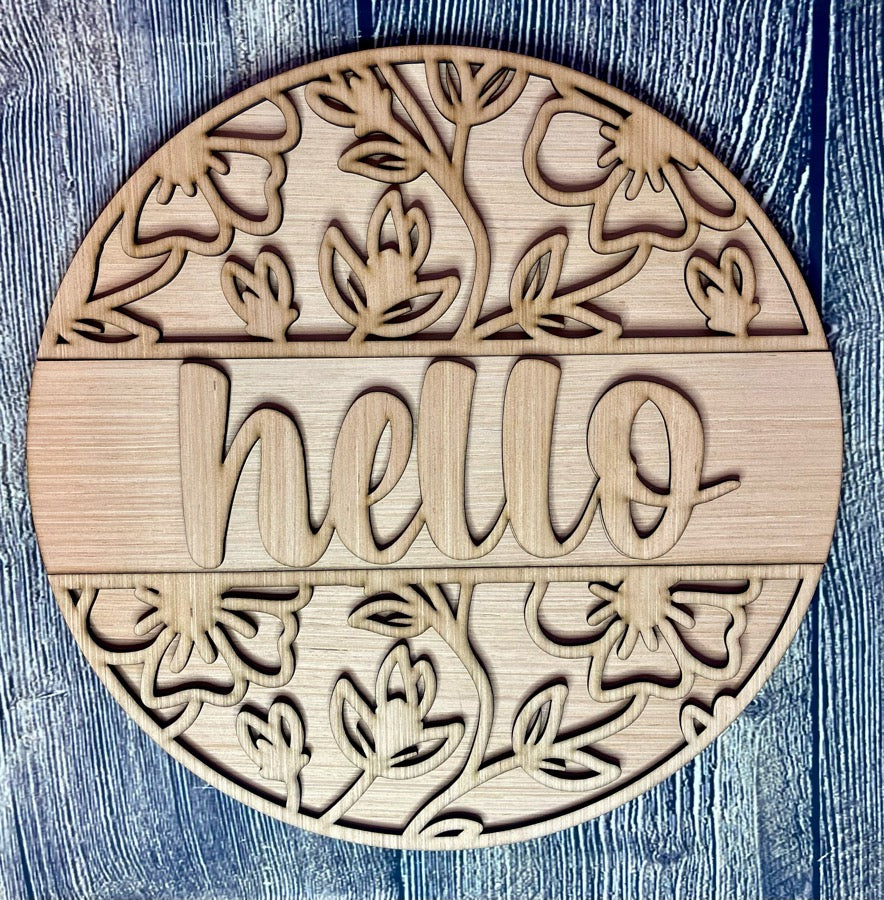 Hello Floral Wood Door Hanger Blank
