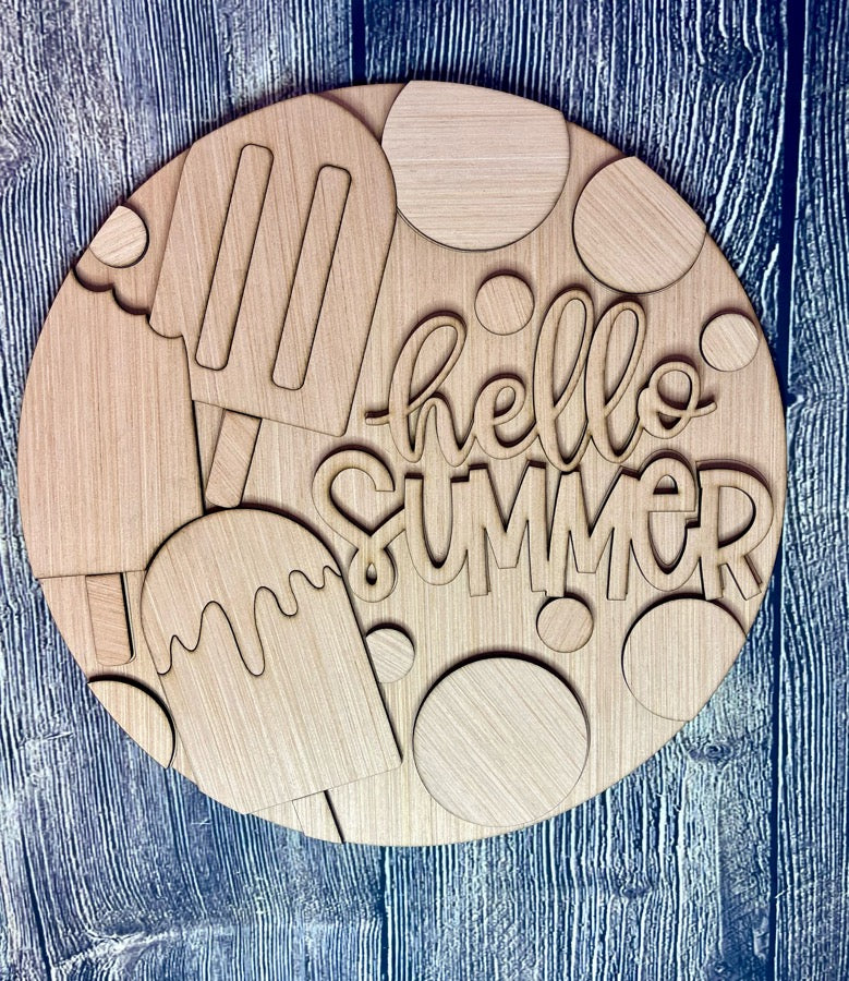 Hello Summer Popsicle and Dots Wood Door Hanger Blank