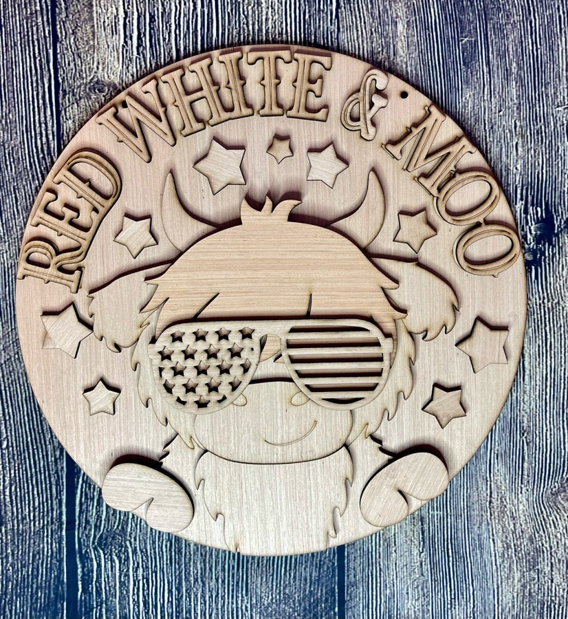 Highland Cow Patriotic Wood Door Hanger Blank