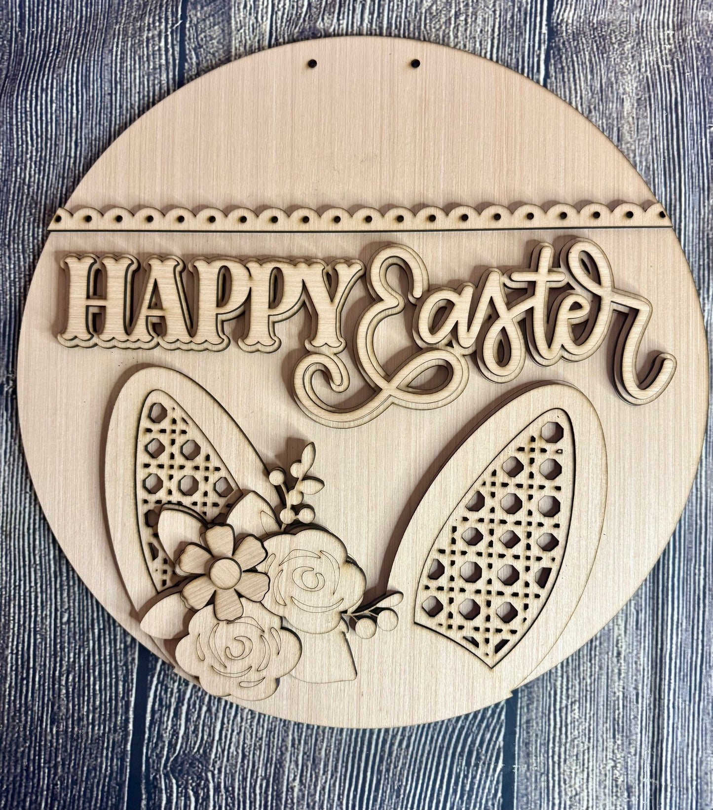 Bunny Ears Floral Happy Easter Wood Door Hanger Blank