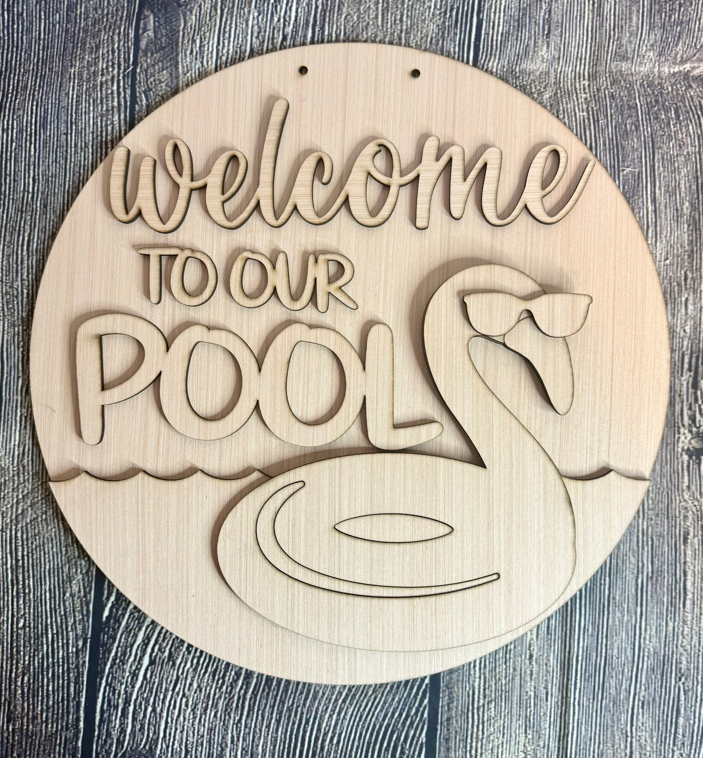 Welcome to Our Pool Flamingo Summer Wood Door Hanger Blank