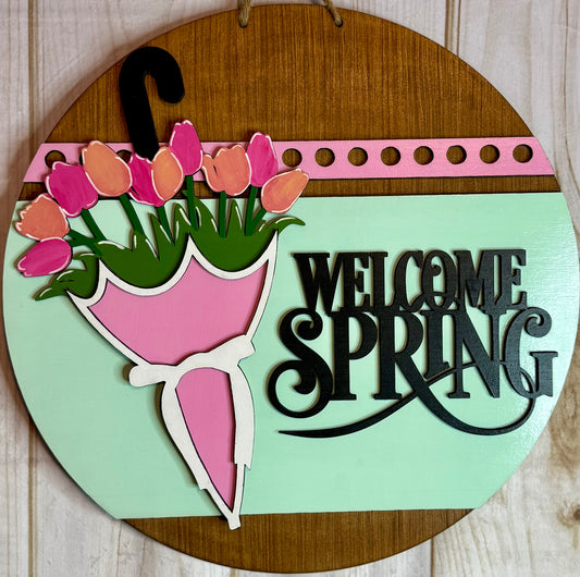Welcome Spring Tulip Umbrella Door Hanger