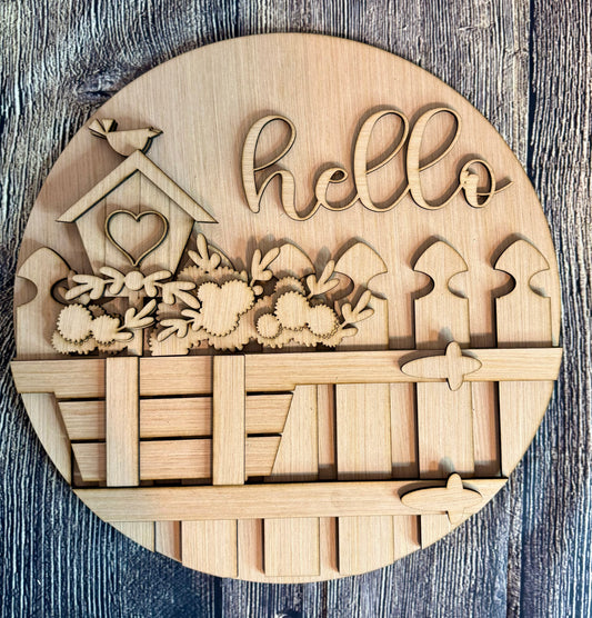 Hello Fence Birdhouse Flower Spring Door Hanger Blank