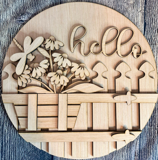 Hello Fence Dragonfly Daisy Spring Door Hanger Blank