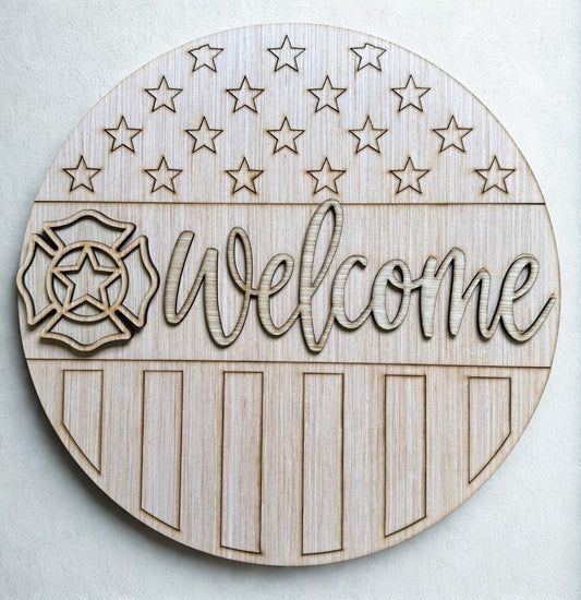 Firefighter America Flag Welcome Wood Door Hanger Blank