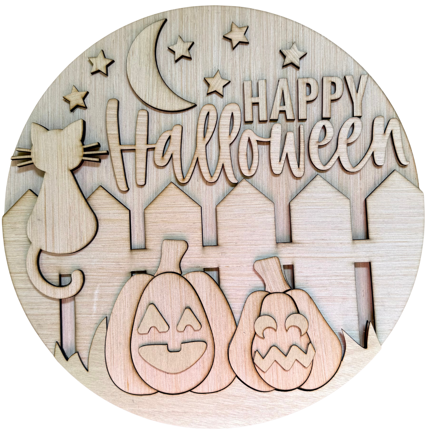 Happy Halloween Cat Fence Wood Door Hanger Blank