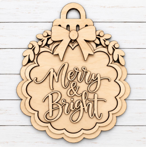 Merry and Bright Scallop Ornament Wood Door Hanger Blank