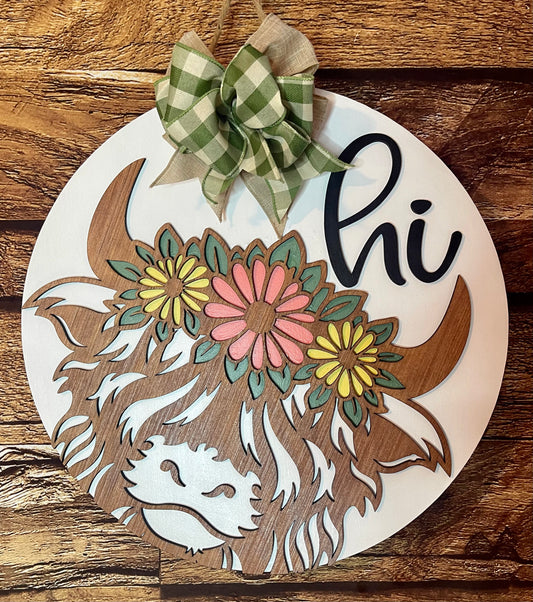 Highland Cow Hi with Daisies Wood Door Hanger